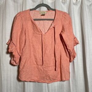 Davina Coral Pink Linen Blend Pintuck Ruffle Sleeve Boho Blouse XS Cottagecore